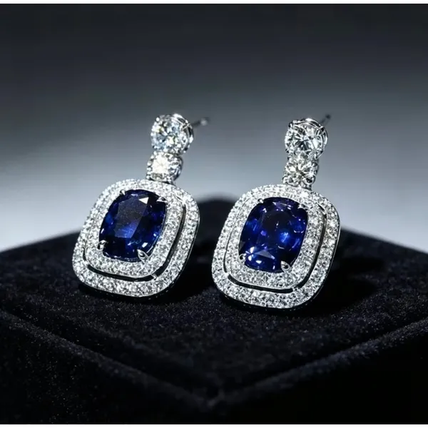 Blue Sapphire and Diamond Halo Drop Earrings - Image 4