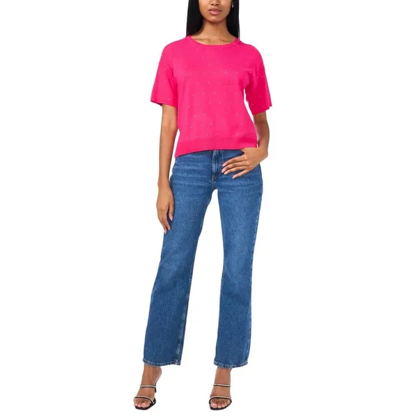 NWT Sam & Jess Short-Sleeve Embellished Sweater TA93148768AS Electric Pink M - Image 3