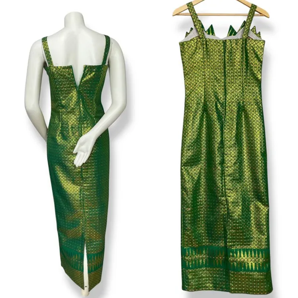 Origami Dress Formal Green Gold Mermaidcore Pointed Neckline‎ Sleeveless Women - Image 3