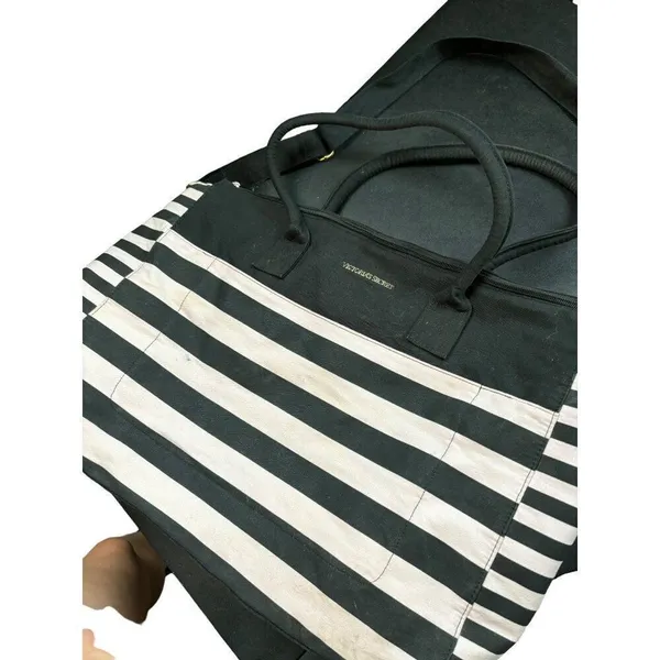 Victoria's Secret Black & White Striped Canvas Tote Bag With Handles - Image 6