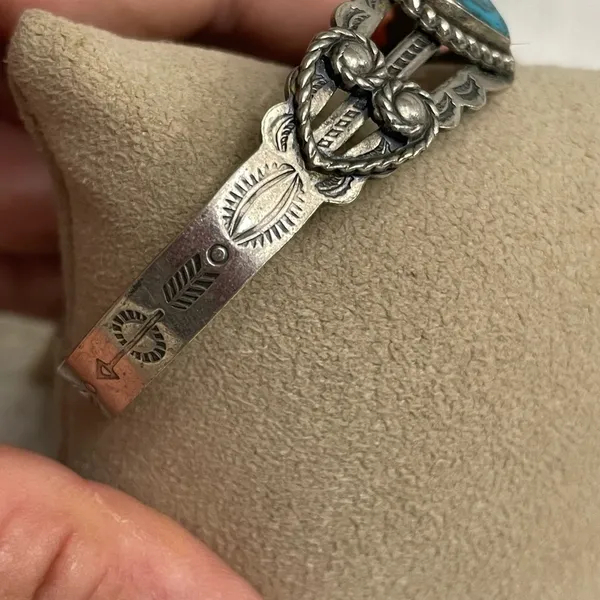 Silver Nickle Bell Faux Turquoise cuff bracelet - Image 3