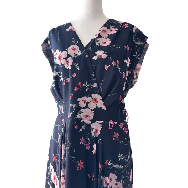 Eliza J Navy Blue Floral Print Cap Sleeve V-Neck High Low Maxi Dress - Image 4