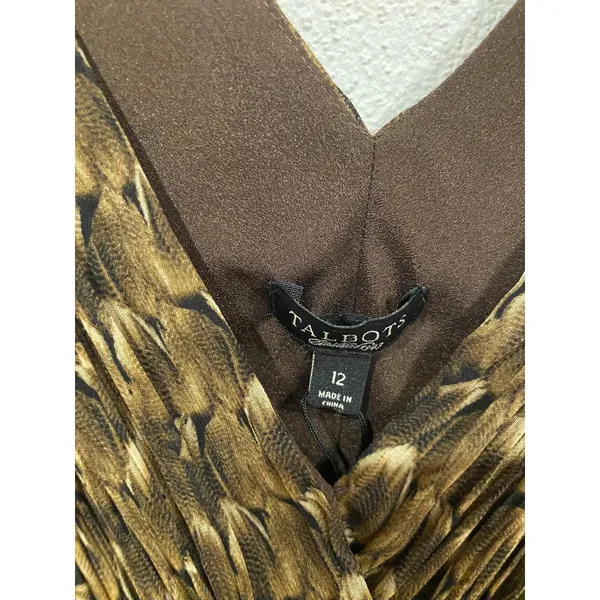 Talbots Dress Womens 12 Brown Feather Print Sleeveless Surplice Pleated A-Line - Image 3