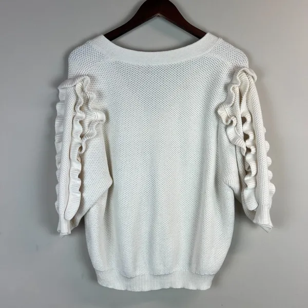 Ann Taylor Cardigan Sweater Womens XL Ivory 3/4 Ruffle Sleeve Button Chunky Knit - Image 7