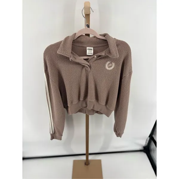 PINK Victoria’s Secret Cropped Collared Sweatshirt Taupe Crest Logo Small Fleece - Image 4