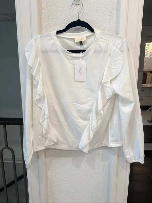 Alredine White Ruffle Front Long Sleeve Blouse Top Medium NWT - Image 2