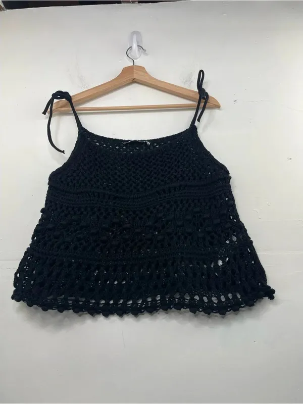 ZARA Black Crochet Knit Tie Strap Crop Tank Top Boho Festival Beach Cover-Up S - Image 8