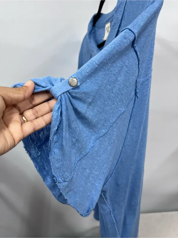 We The Free oversized linen cotton Button-Front Pocket Tee L collared sheer top - Image 7