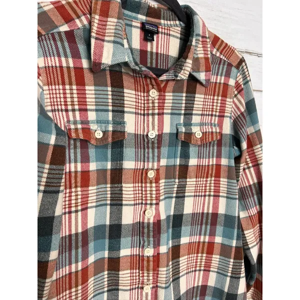 Patagonia Fjord Flannel Shirt Women's 8 Plaid Organic Cotton Button Up Red Teal - Image 5