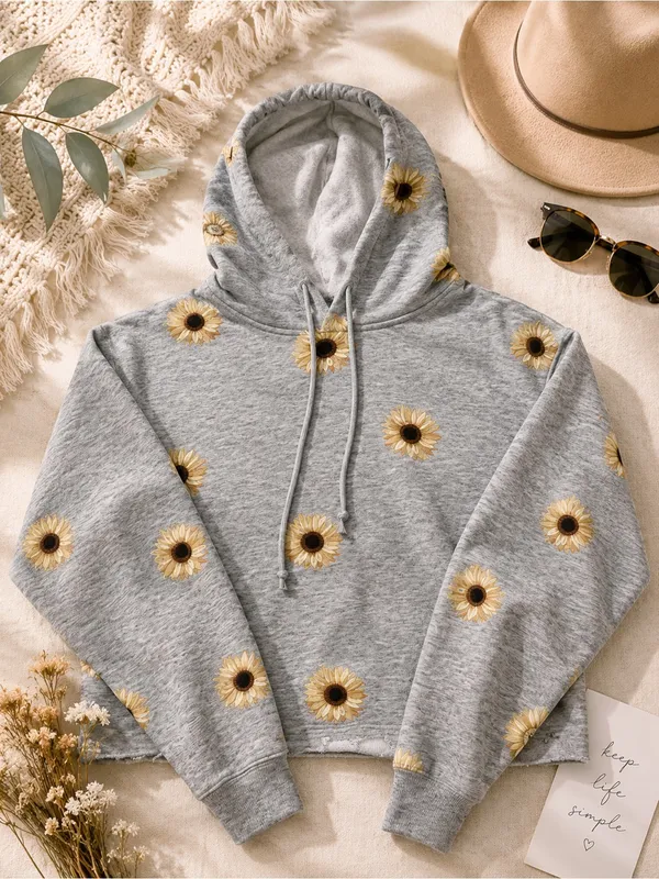 No Boundaries Gray Hoodie with Yellow Sunflower Print‎ - Image 2