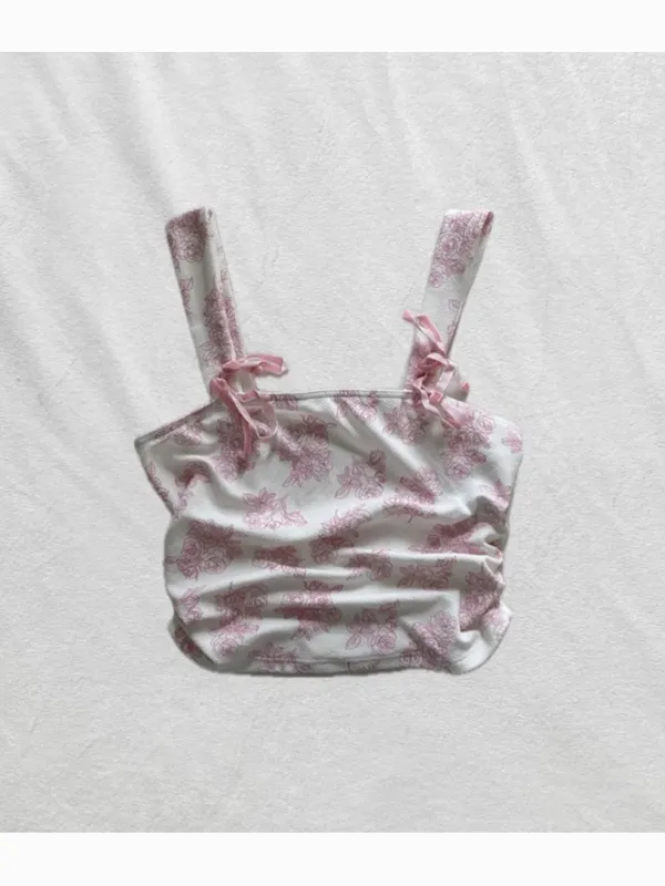 pink and white floral chinoiserie velvet bow tank top - Image 5