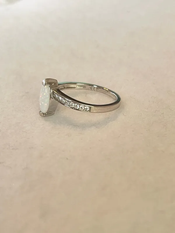 Sterling Silver White Opal Marquise Ring CZ Accents Size 9 Dainty Stackable - Image 3