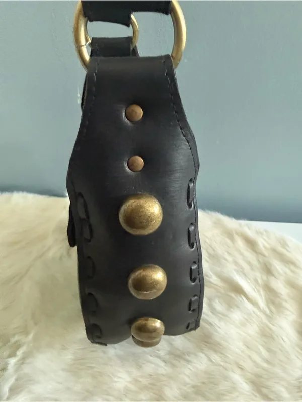 Handcrafted Boho Leather Studded Crossbody Bag Black - Image 3