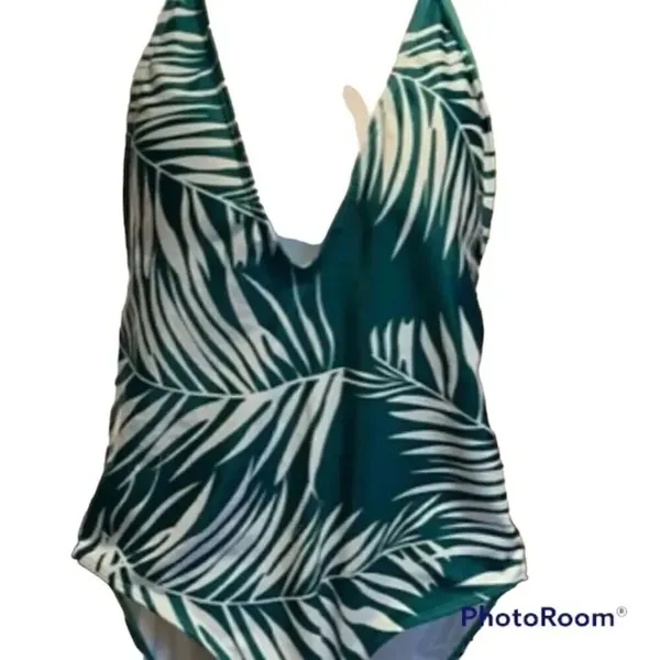 ✨HP✨Leaf Print V Neck Open Back Swimsuit✨ Green Size L - Image 6