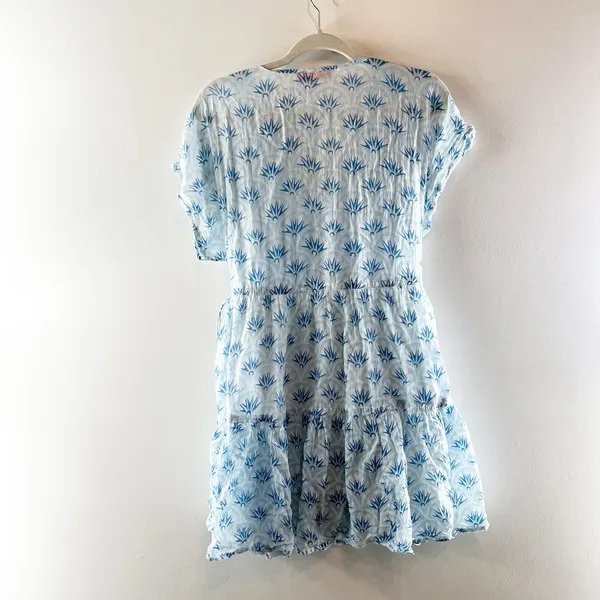Oliphant Tuckernuck Cotton Printed Short Sleeve Cinch Waist Mini Dress Blue Med - Image 4