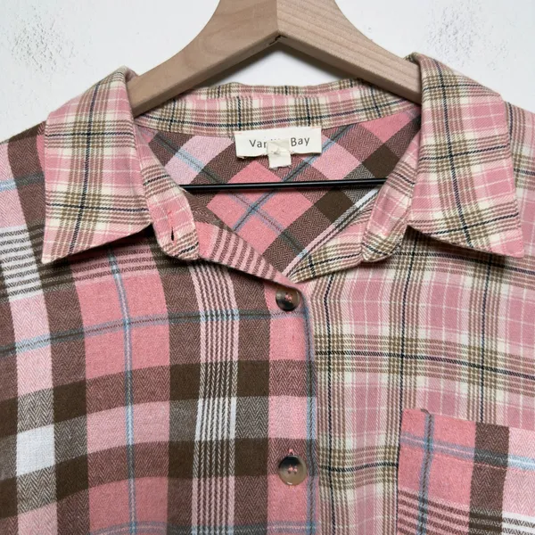 Vanilla Bay‎ Women Button Front Shirt Flannel Pink Brown Patchwork Cabin Western - Image 2