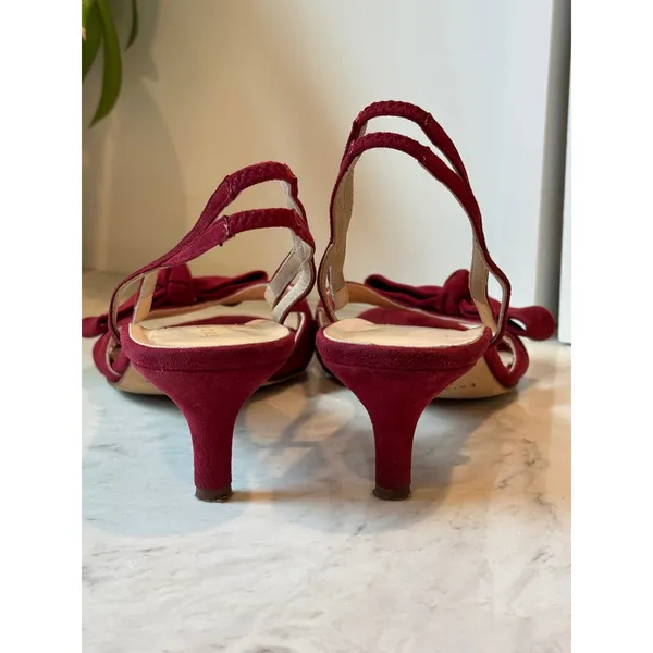 Kate Spade Sandals Womens 7.5 Burgundy Suede Bow Slingback Kitten Heel Italy - Image 5