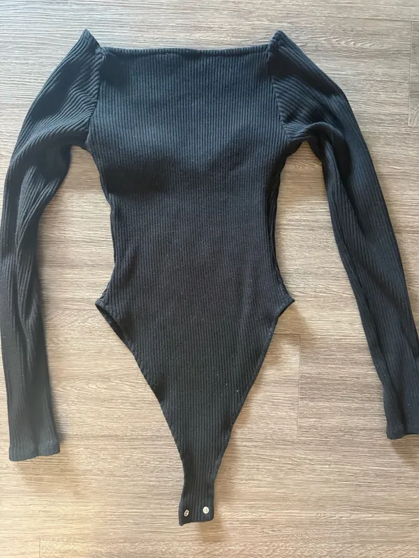 ZARA Black Ribbed Long Sleeve Stretch Knit Sweetheart Neck Bodysuit - Image 3