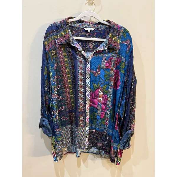 New John‎ Mark Floral Women's Plus Size 3X Roll Tab Sleeve Silky Top Artsy Boho - Image 2