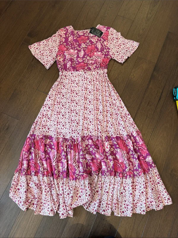 R. Vivimos Pink Floral Patchwork Tiered Casual MIDI Dress Small NWT - C26-031 - Image 7