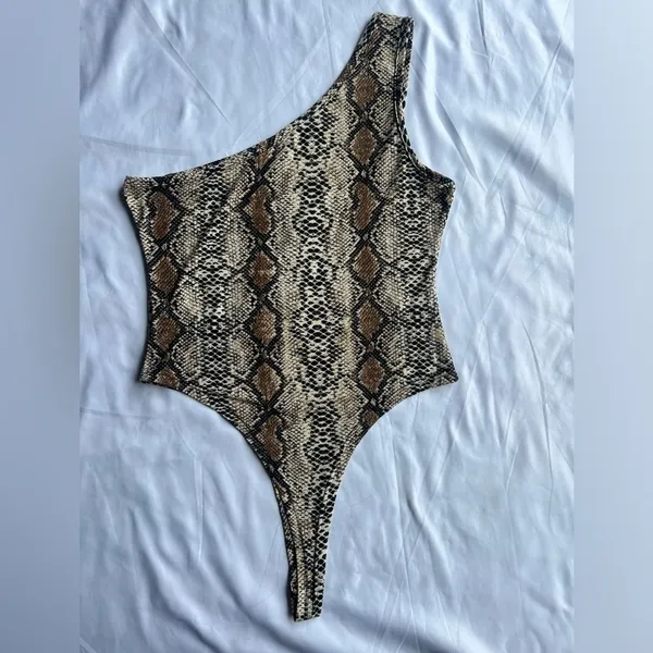 Snakeprint One Shoulder Tank Bodysuit Large Tan - Image 10