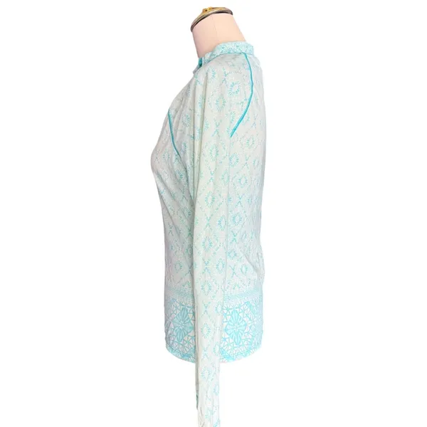 Cabana Life Women Rash Guard Long Sleeve Teal Geometric Quarter Zip Swim Top Med - Image 6