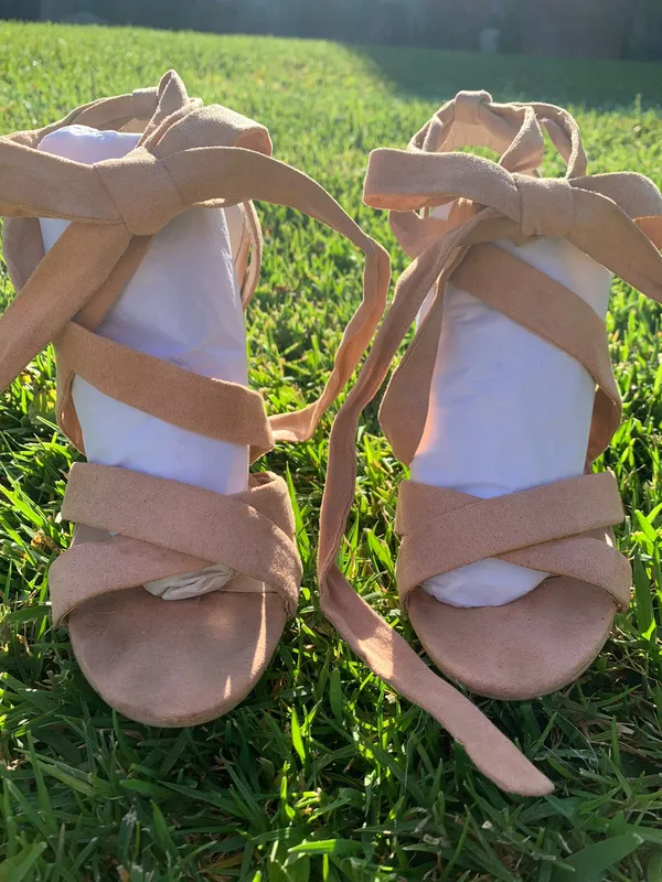 Qupid Beige Leg-Wrap Clear Block Heels - Image 5