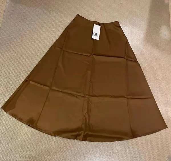 Zara a-line brown midi satin hair Skirt Size M - Image 2