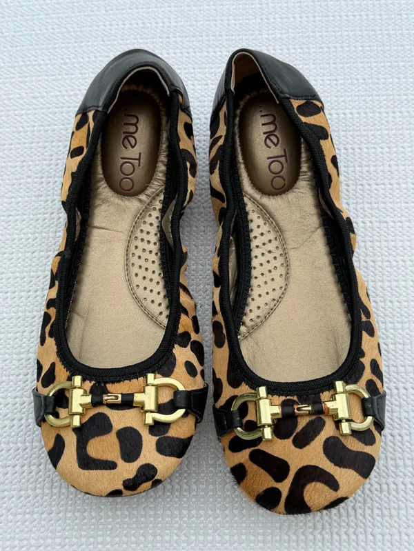 Me Too Leopard Print Haircalf Ballet Flats Gold Horsebit Leather Women’s 6.5M - Image 2