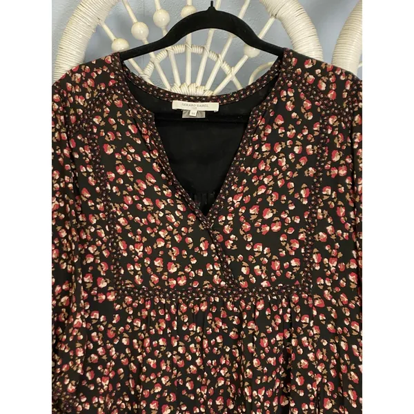 Gérard Darel Paris Black Floral Print Dress 44 Smocked Neckline‎ French Viscose - Image 3