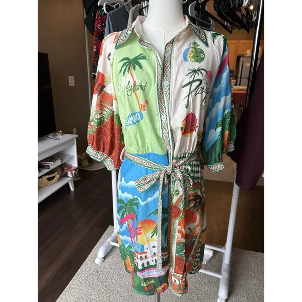 Tropical Patchwork Mini Dress XL Resort Print Designer Inspired Puff Sleeve - Image 6