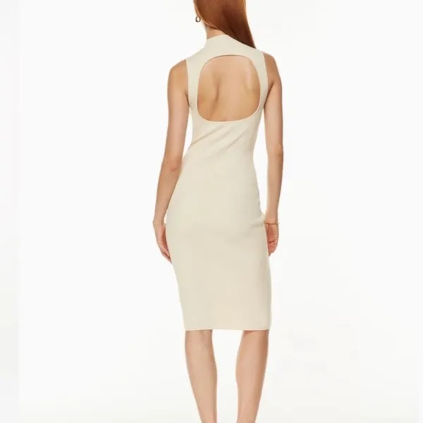 Aritzia Babaton‎ Cream Midi Dress Mock Neck Cut Out Open Back Large - Image 4
