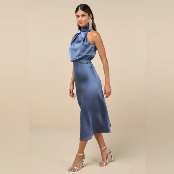 LULU’S Distinctive Charm Slate Blue Satin Asymmetrical Midi Dress - Image 4