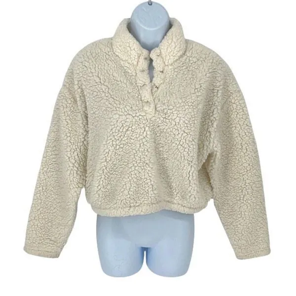PacSun Womens Midrift Sherpa 1/4 Snap Cropped Pullover Sweater Off White Small‎ - Image 2