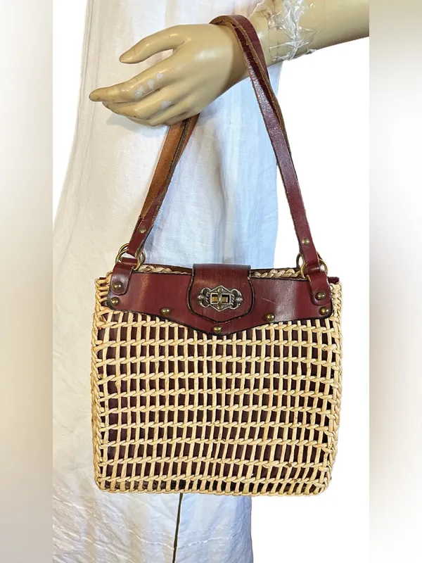 Vintage 1980'S Dark Mahogany Brown Leather And Straw Shoulder Tote Bag - Image 8