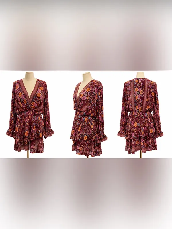 Umgee Floral Boho Mini Dress Size L Burgundy Pink Long Sleeve Ruffle Hem - Image 4