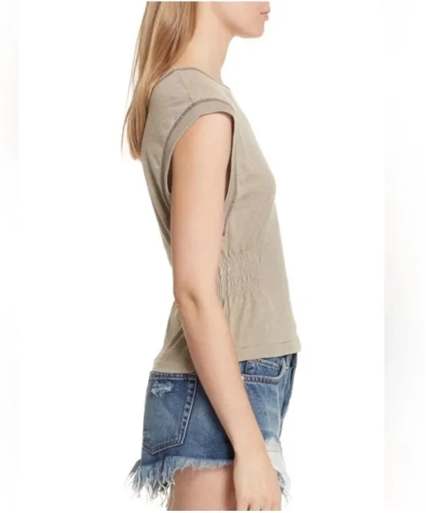 Free People We The Free Cinch Me Tee Top Khaki Beige Ruched Waist Size M Cotton - Image 3