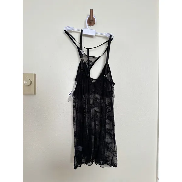 NWT MBlack Lack Babydoll Nightgown Tank Top Chemise w Pink Bow + Matching Thong - Image 6
