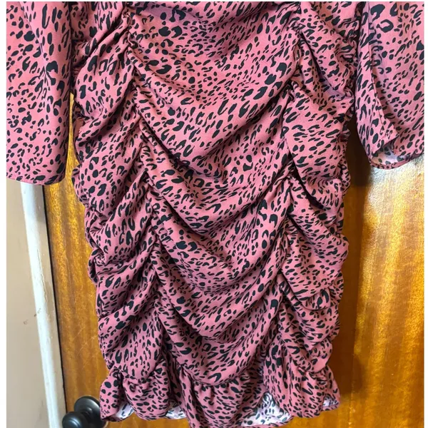 Zara‎ Pink Leopard Print Ruched Mini Dress Square Neck Long Sleeve Womens Medium - Image 10