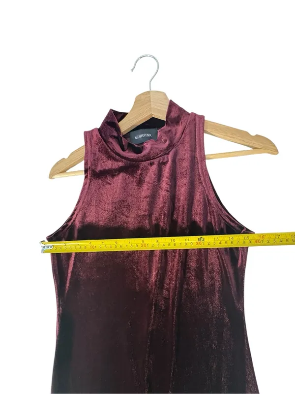 MINKPINK Women M Burgundy Velvet Maxi Dress Mock Neck Whimsigoth Gothic Slit - Image 8
