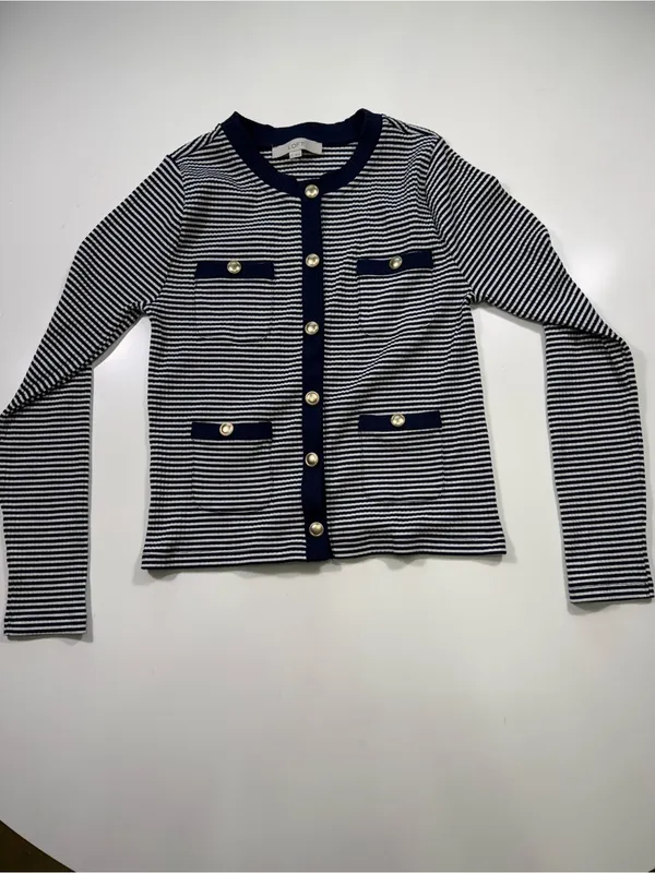 LOFT Navy and White Striped Cardigan with Gold Buttons - Image 2