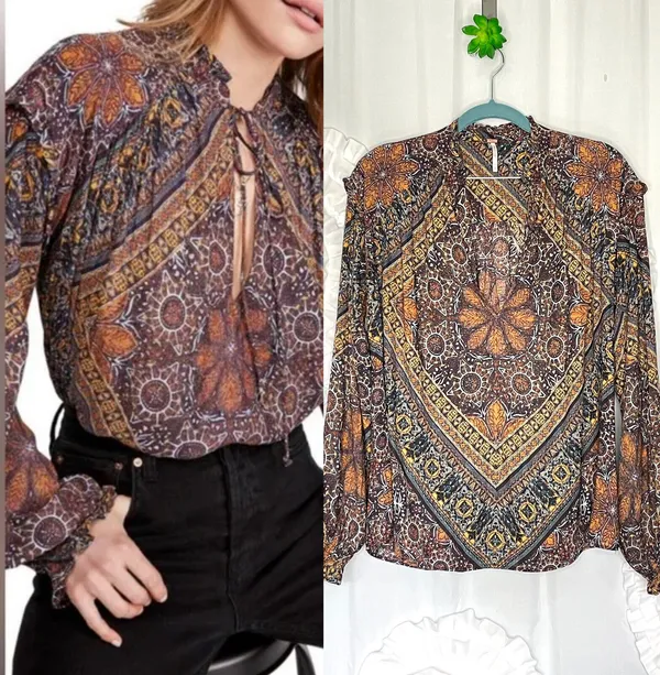 Free People Little Runaway Medallion Print Top Blouse Size Small Keyhole Neck - Image 2