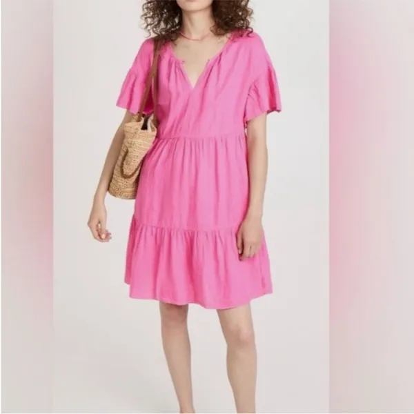 Velvet Noor Linen Ruffle Mini Dress in Tahini‎ Pink Sz M oversized fit C25 - Image 2