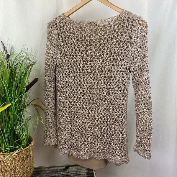 John Fashion Taupe Tan Crochet & Lace Layered Long Sleeve Sweater Blouse Top L - Image 3