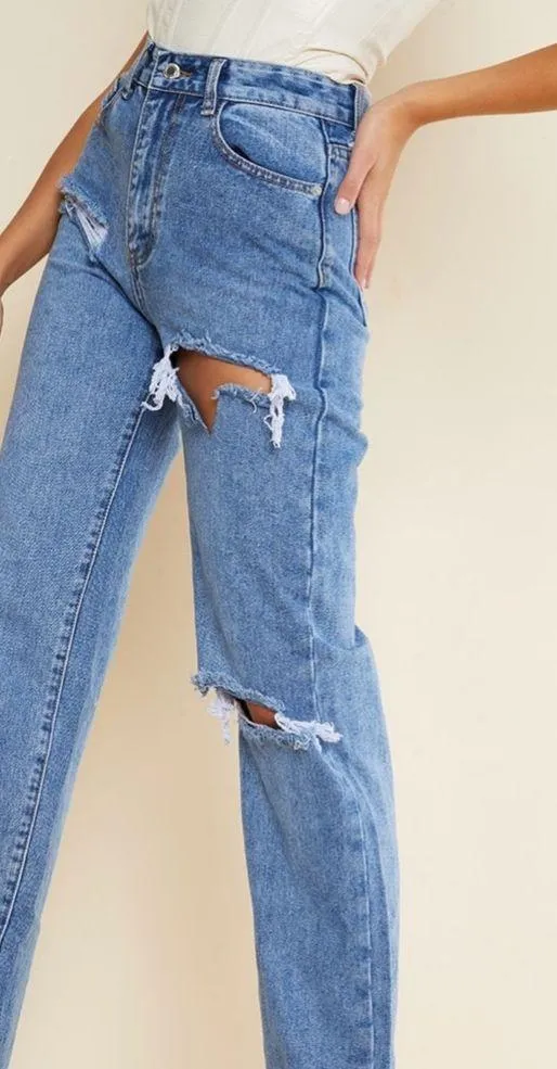 PrettyLittleThing Ripped High Waist Split Hem Jeans, Blue, Size 2 Tall, EUC - Image 4