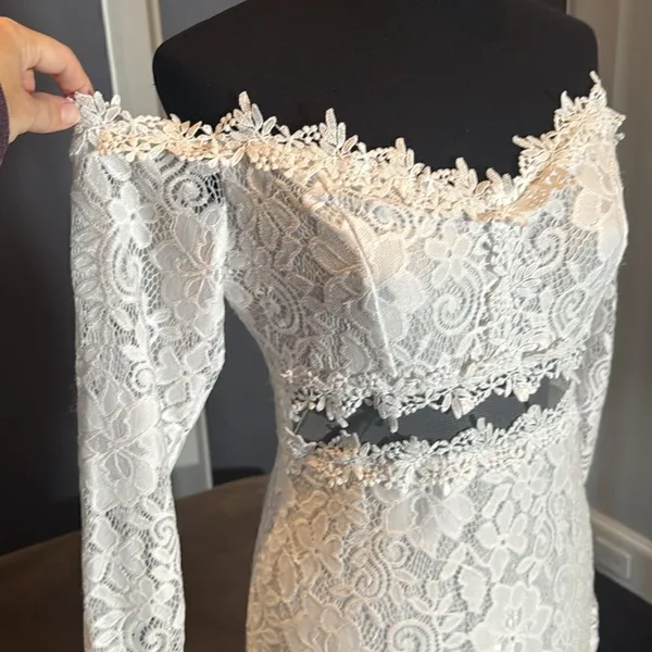 White Floral Lace Long Sleeve Off the Shoulder BodyCon Party Dress Size M *READ - Image 3
