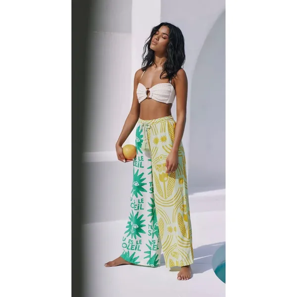 Anisa Anthropologie Soleil Wide Leg Sun Print Tassel Pants Green Yellow XS - Image 2