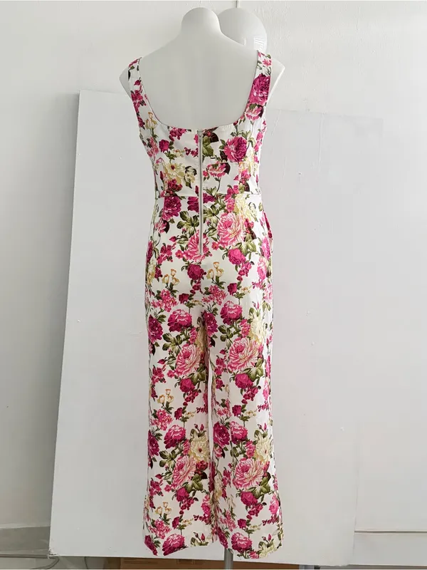 eesome Cream Floral Square-Neck Wide-Leg Jumpsuit with Pink Roses - Image 4