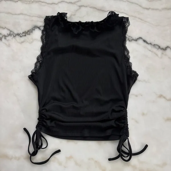 Y2K Black Ribbed Lace Trim Top Ruched Side Drawstring Size Medium - Image 3