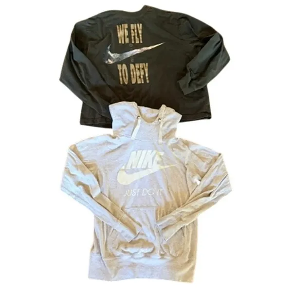 Nike Women’s Size M Hoodie & Long Sleeve Tee Lot Gray Olive Swoosh Just Do It - Image 2